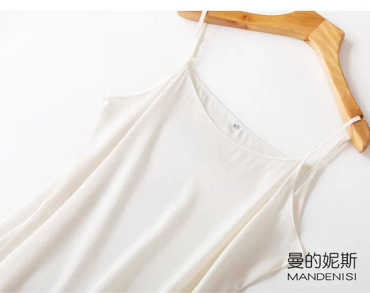 Tcyeek Women Silk Dress 93%Silk 7%Spandex Spaghetti Strap Mid Dresses 2024 Summer New Clothes Blue