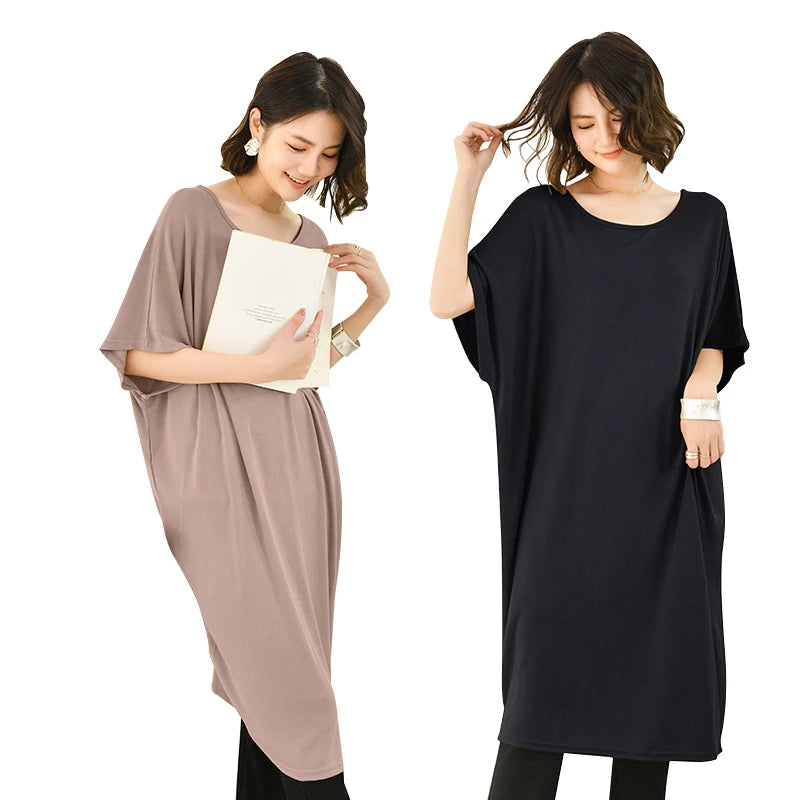 Modal plus Size Loose Short Sleeve Dress Women Summer Thin Casual Home Dress Sleep Dress round Neck A-Line Skirt H-Shape