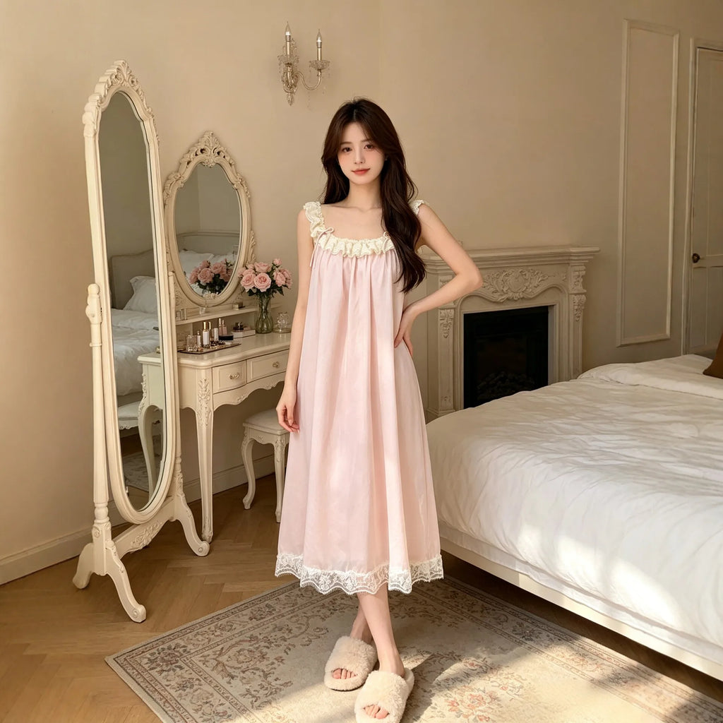 New Lace Sweet Cute Skin Friendly Breathable Comfortable Camisole Nightgown Women Summer Thin Mesh Sleepwear Princess Long Dress