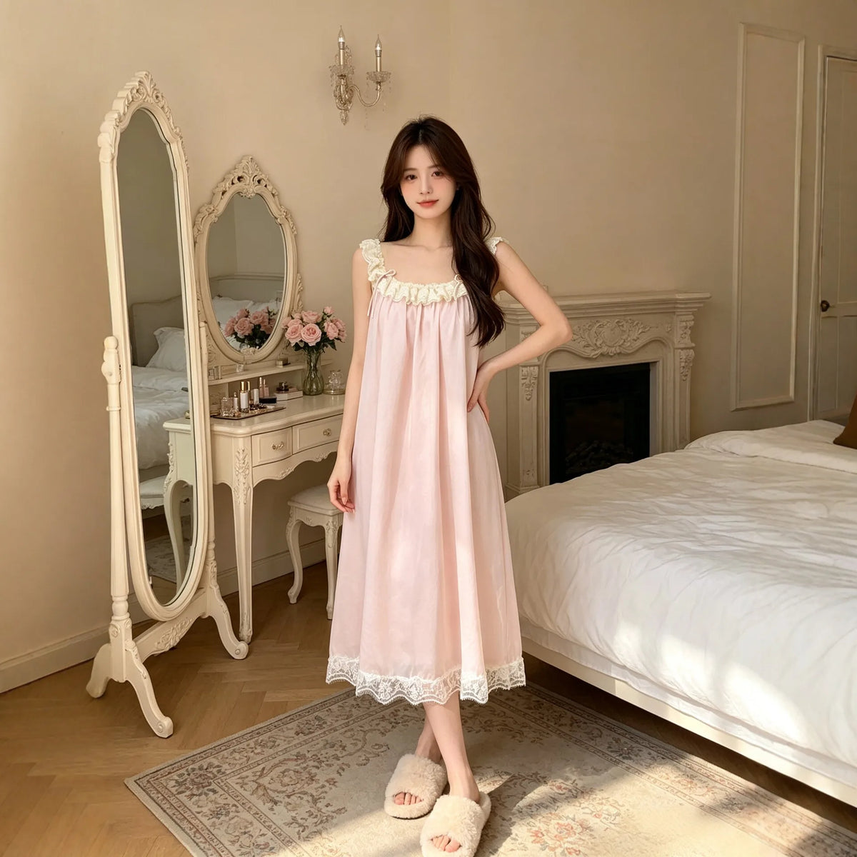 New Lace Sweet Cute Skin Friendly Breathable Comfortable Camisole Nightgown Women Summer Thin Mesh Sleepwear Princess Long Dress