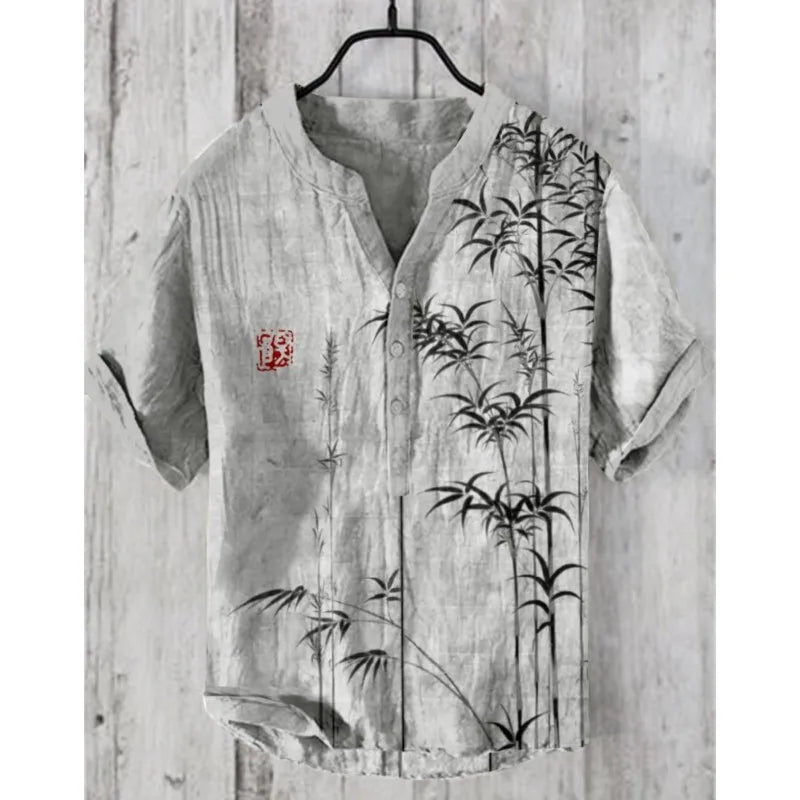 Men's New Linen Blended Shirt Japanese Samurai Comfortable Casual Top Retro Printed Men's Clothing