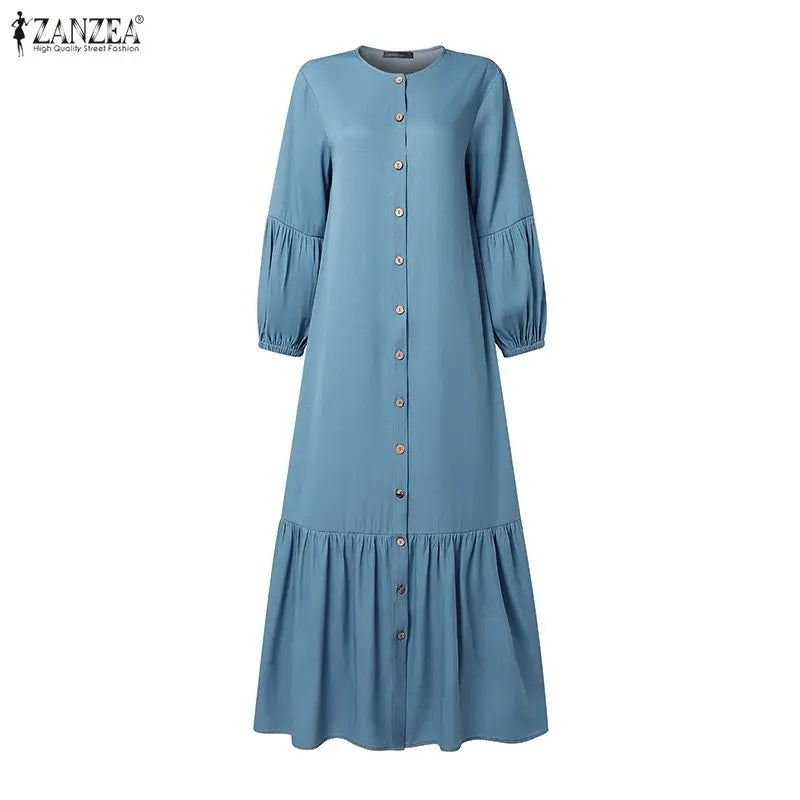 Modest Fashion Women Denim-Like Maxi Dress O-Neck Lantern Sleeve Button Up Abaya Robes ZANZEA Muslim Islamic Hijabis Kaftan