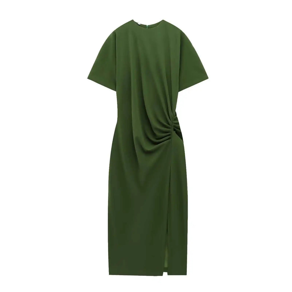 Summer Women's Midi Dress Slit Short Sleeve Pleated Cross-Border Street Style Polyester Solid Color Basic round Neck Loose Waist