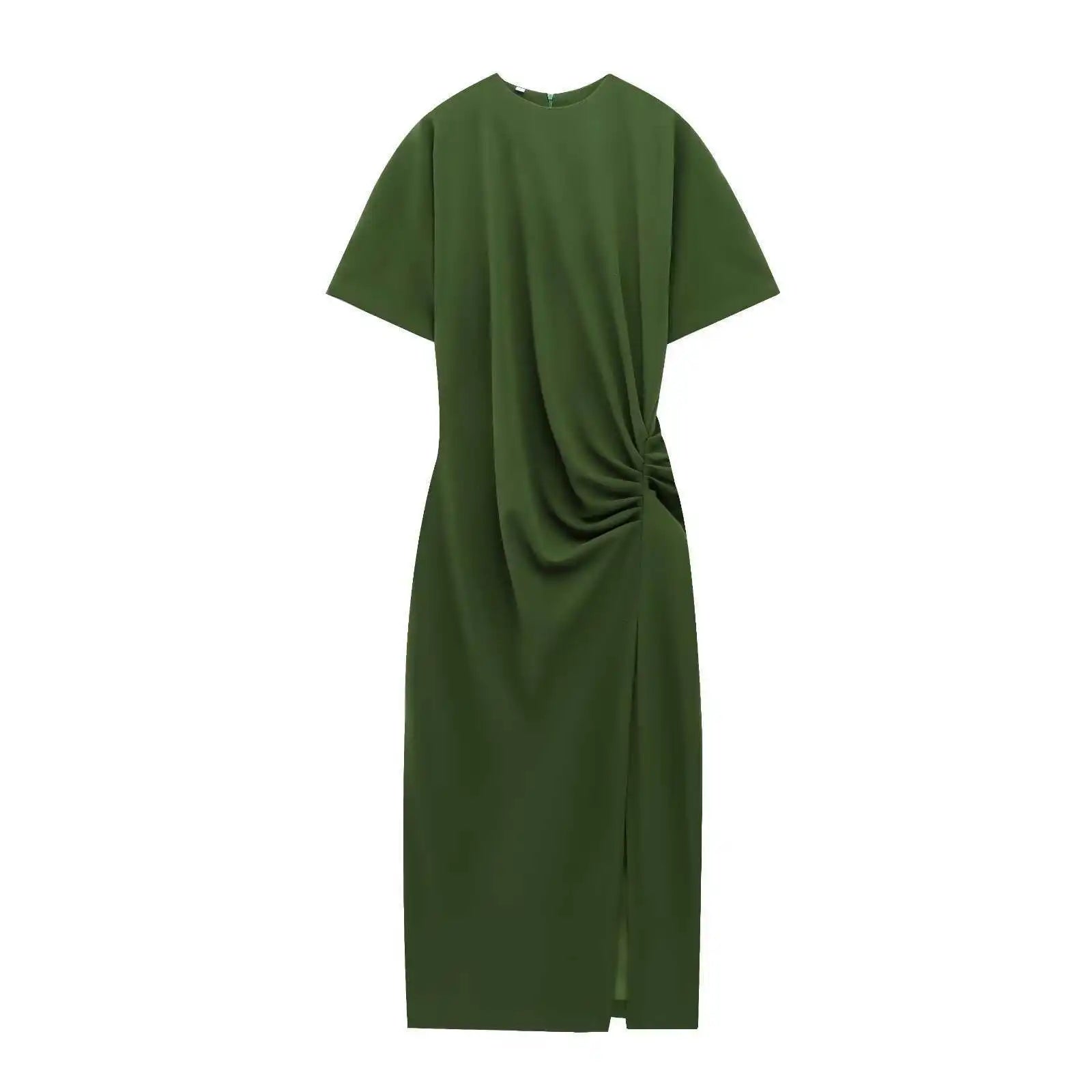 Summer Women's Midi Dress Slit Short Sleeve Pleated Cross-Border Street Style Polyester Solid Color Basic round Neck Loose Waist