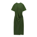 Summer Women's Midi Dress Slit Short Sleeve Pleated Cross-Border Street Style Polyester Solid Color Basic round Neck Loose Waist