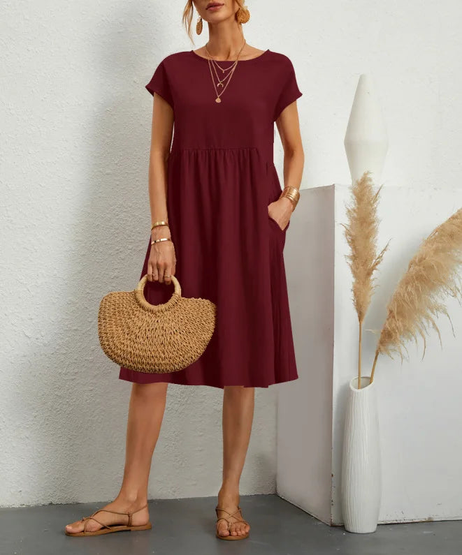 Customizable Fashion Solid Dress Women Cotton Linen O-Neck A-line Dress