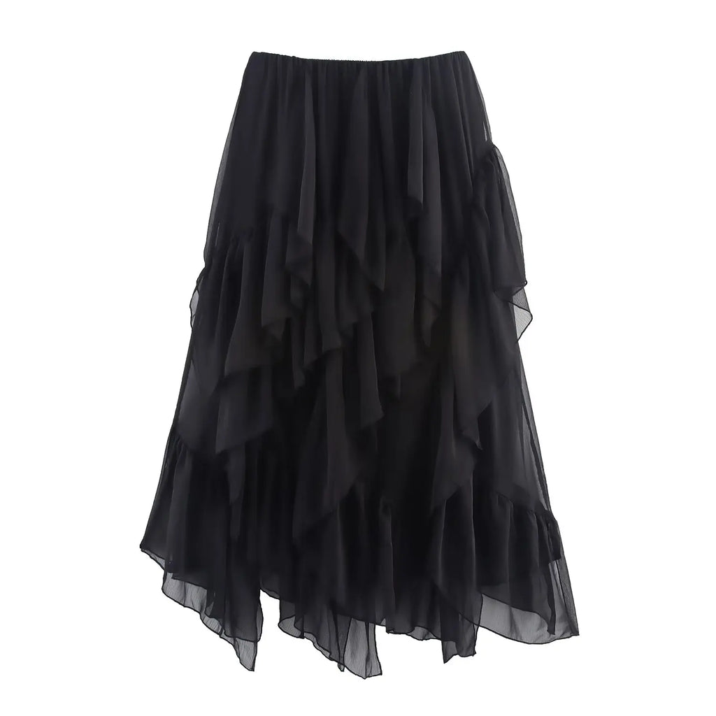 Topenomi Fairy Tierred Ruffled Skirt Women Summer Simple Solid Elastic Waist A-line Long SkirtsK Fashion Versatile Юбка