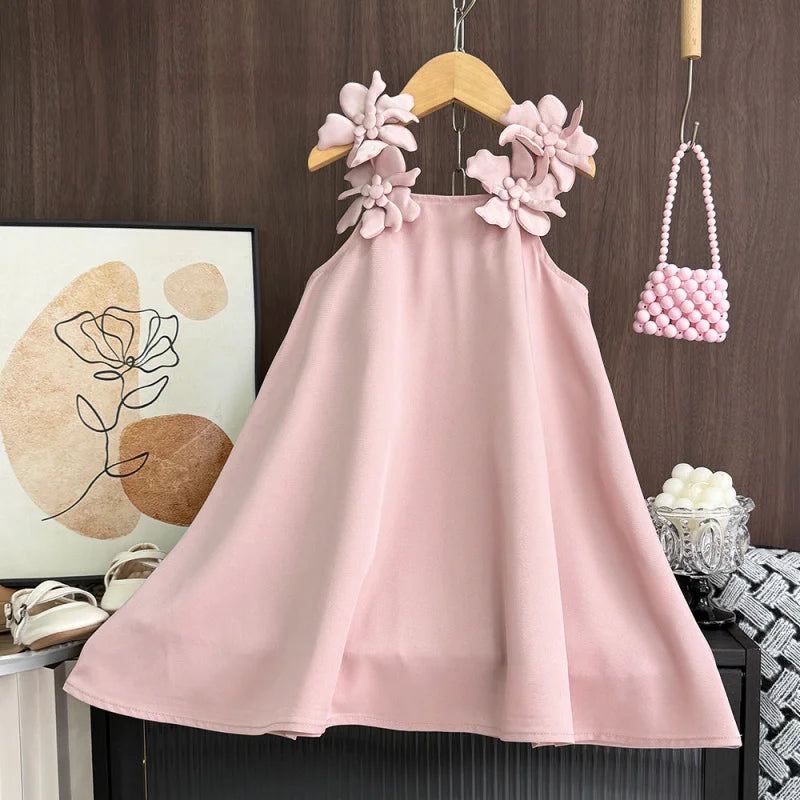Summer New Three-Dimensional Flower Strap Dress for Girls High-Quality Wedding Birthday Princess Dress2-7Years Old