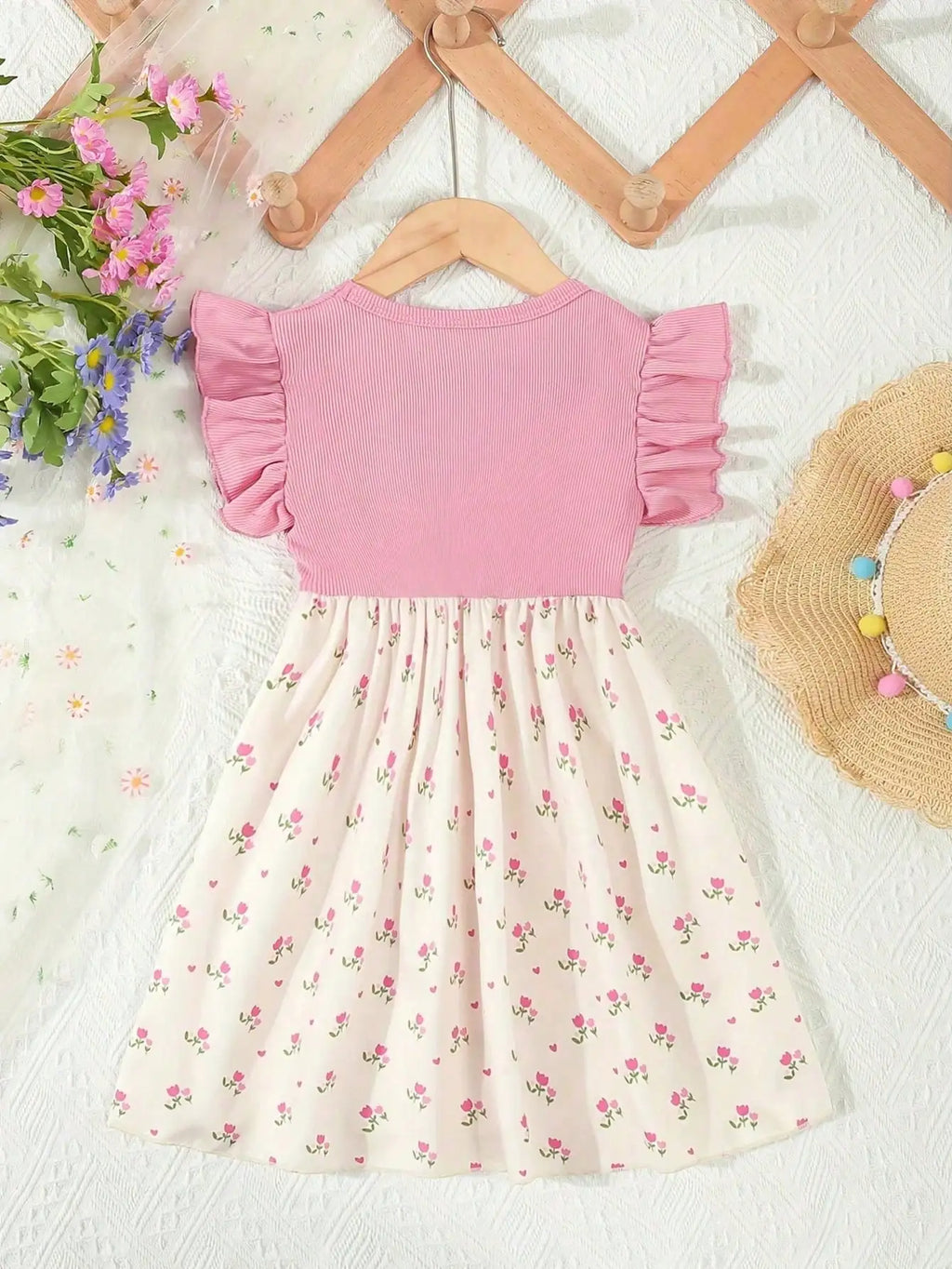 Summer Style Girls' Sleeveless Round Neck Flying Sleeve Pink Printed Dress, Cute Outfit, With Belt