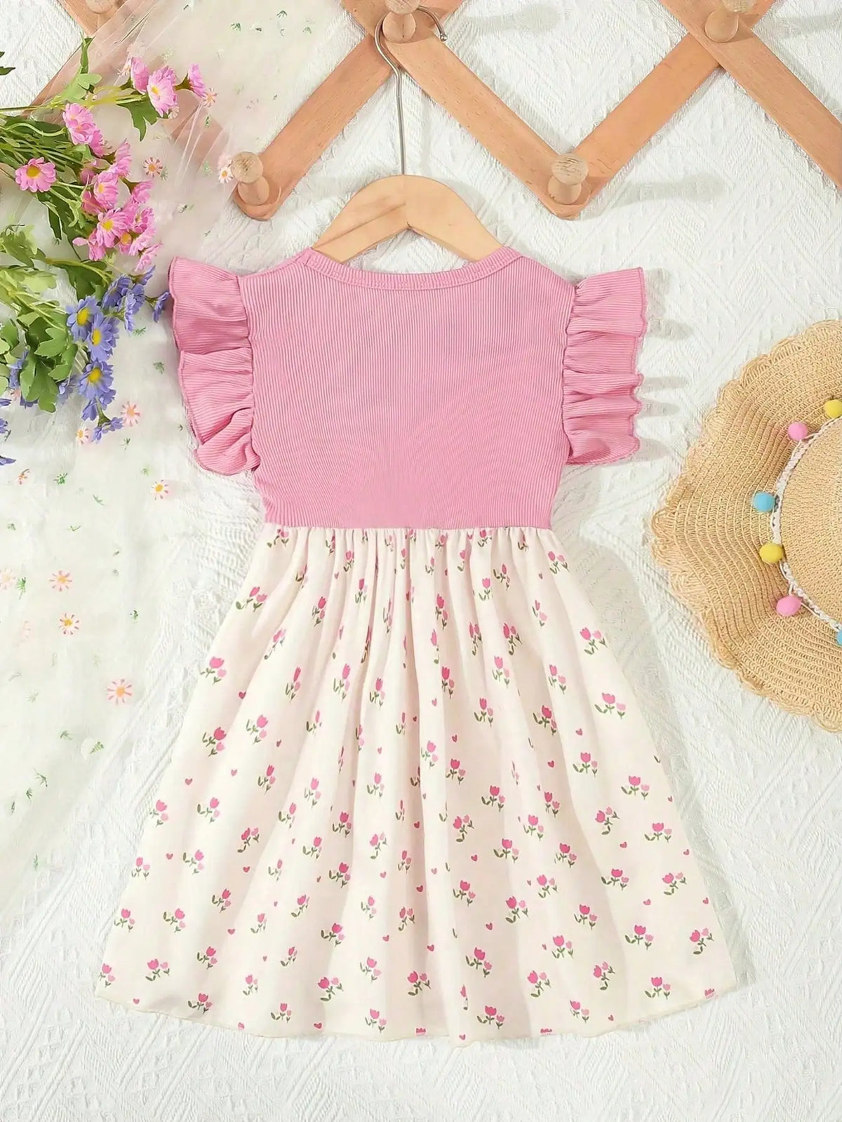 Summer Style Girls' Sleeveless Round Neck Flying Sleeve Pink Printed Dress, Cute Outfit, With Belt