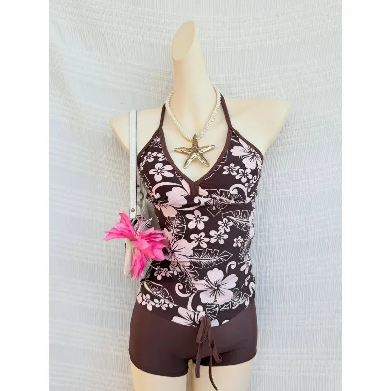 Tropical Floral Print Halter Tankini Swimsuit, V-Neck Top & Boyshort Bottom Two-Piece Set
