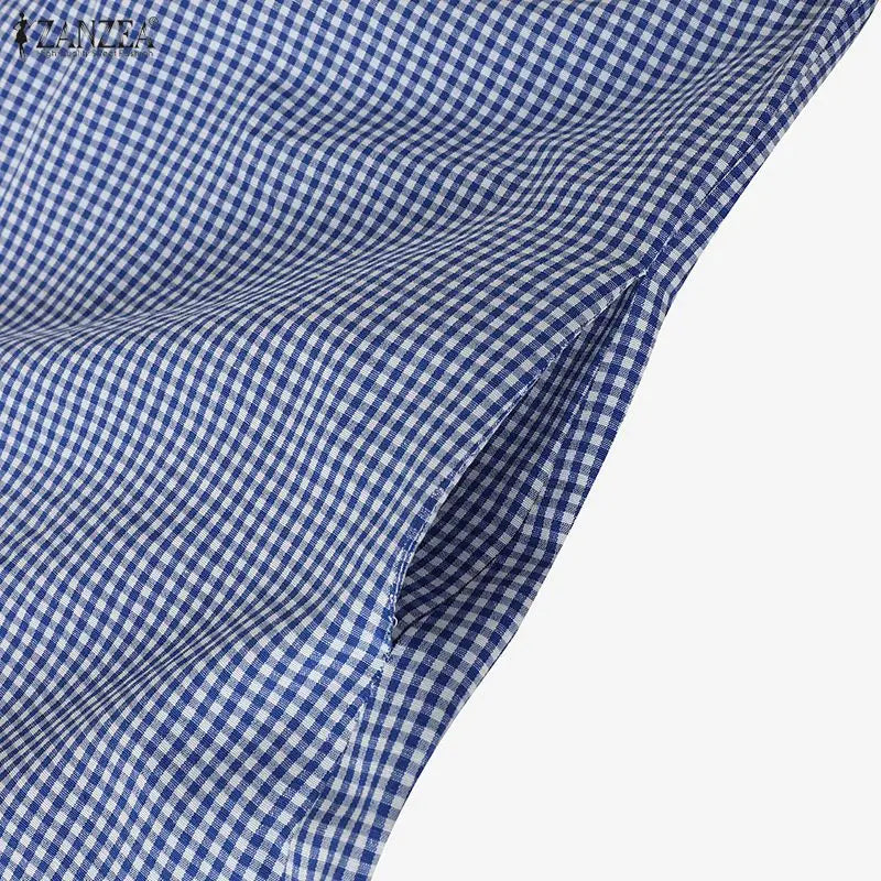 ZANZEA Women's Casual Gingham Short Dresses Turn-Down Collar Half-Button Short Sleeve Knee-Length Dress Summer Robes Femme