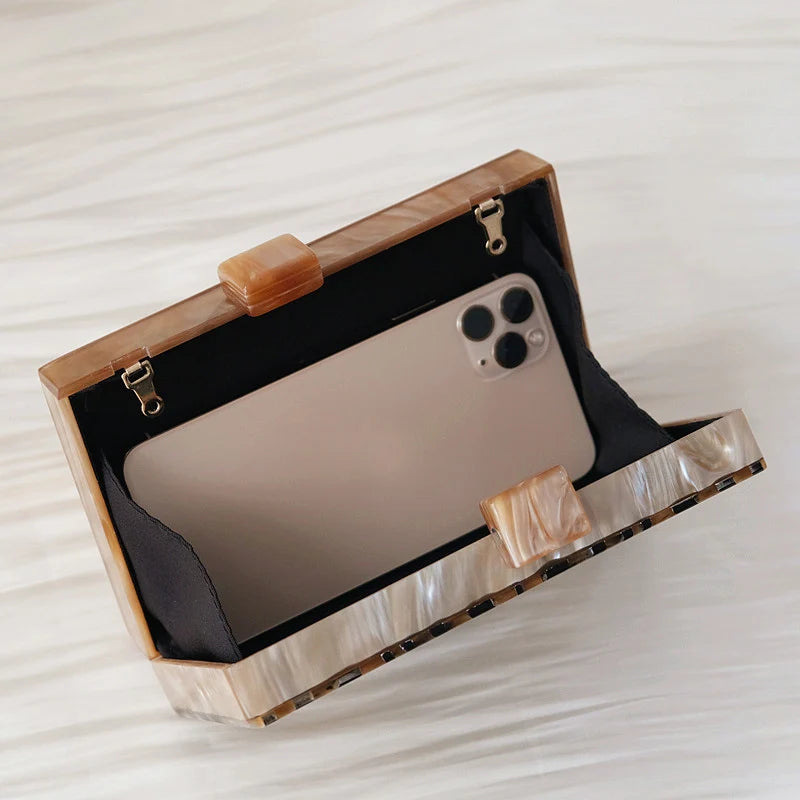 New Trendy Handbag Fashion Women Bag Brown Striped Acrylic Luxury Party Evening Bag Woman Cute Wedding Box Vintage Clutch Purse