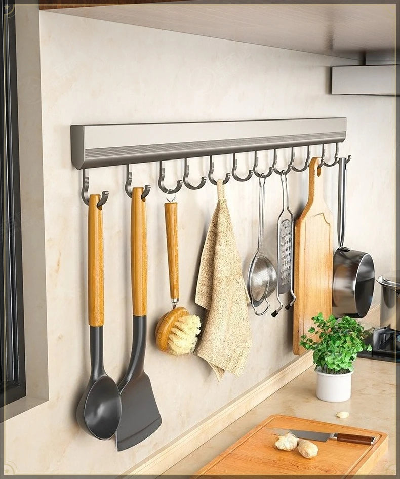 Gancho de cocina sin perforaciones, montaje en pared, organizador de almacenamiento de aluminio, fuerte capacidad de carga, soporte multifuncional para utensilios de cocina
