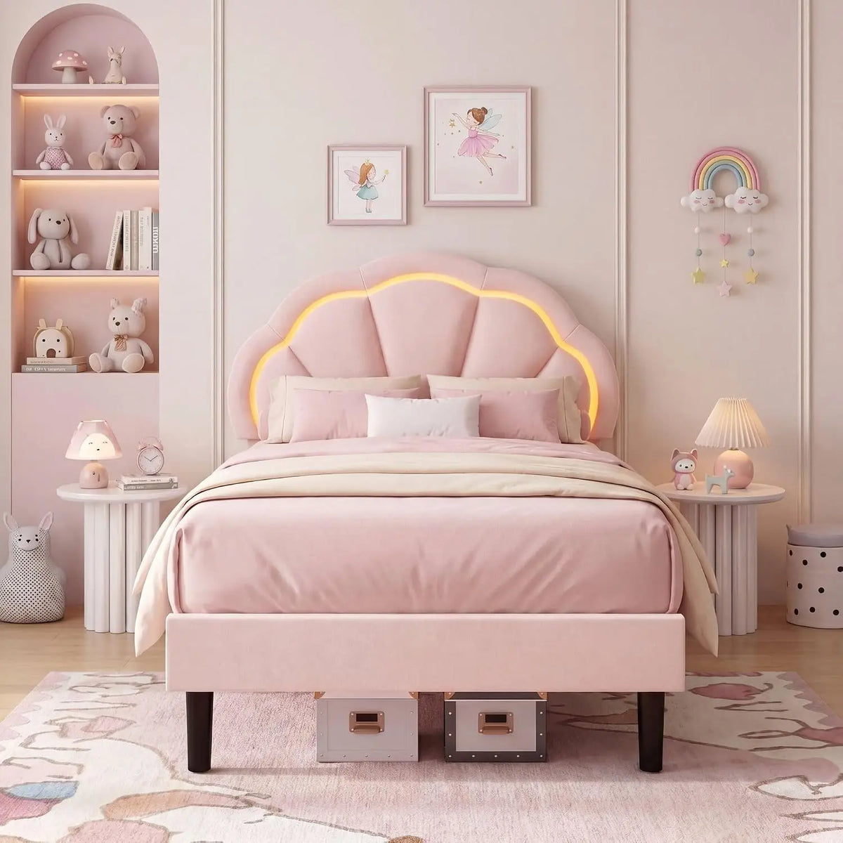 Girls Twin Upholstered LED Bed Frame with Adjustable Petal Headboard, Pink