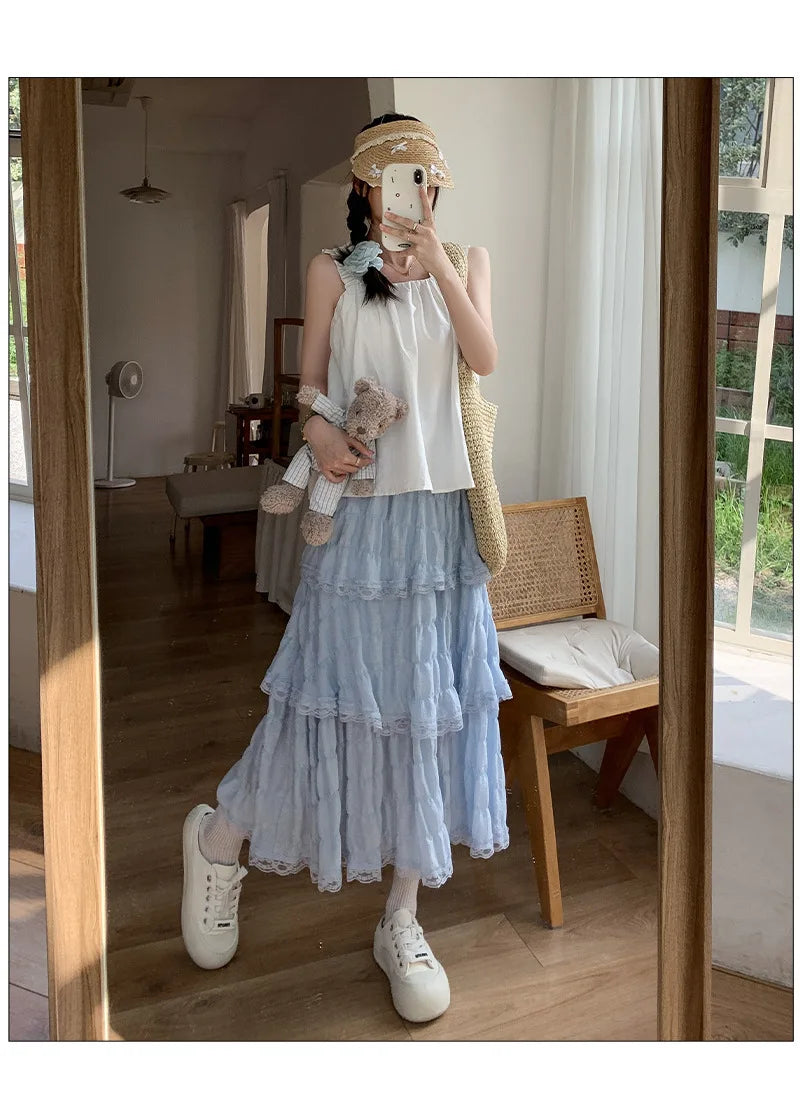 Sweet Lace Ruffles Long Skirt Women Summer Cute Puff Cake A Line Skirt Woman Korean Style High Waist White Chiffon Tulle Skirt