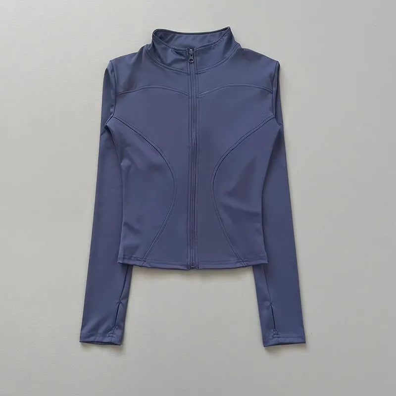 Women's Workout Jacket Stretch Fitted Zip Front Long Sleeve Running Yoga Slimming Waist-Cinching Stand Collar Quick-Dry Sportswe