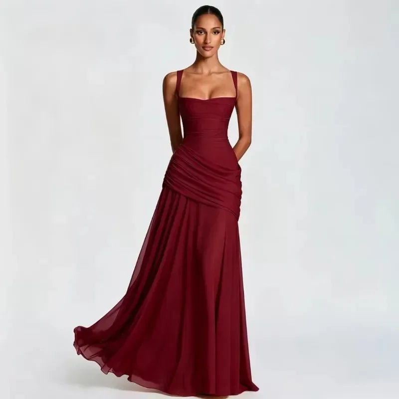 Elegant Strapless Ruched Maxi Dress Sexy Backless Lace Up Cinched Waist Slit Draped Bodycon Dresses Cocktail Party Evening Gown