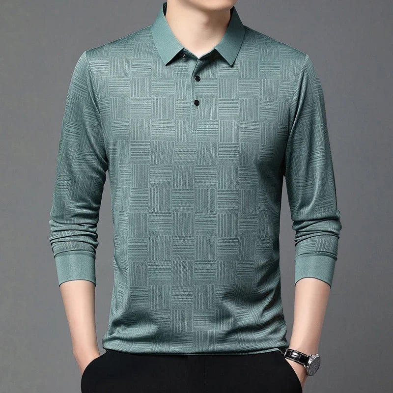 New Men's Business Casual Long Sleeved Shirt Solid Color Polo Shirt Fashionable Breathable Comfortable Versatile Top