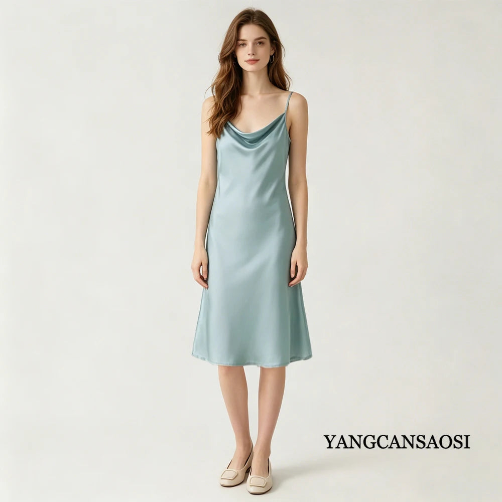 Women's Summer New Style French 100% Natural Mulberry Silk Plain Satin Swing Collar Temperament Camisole Slim Fit Party Dress