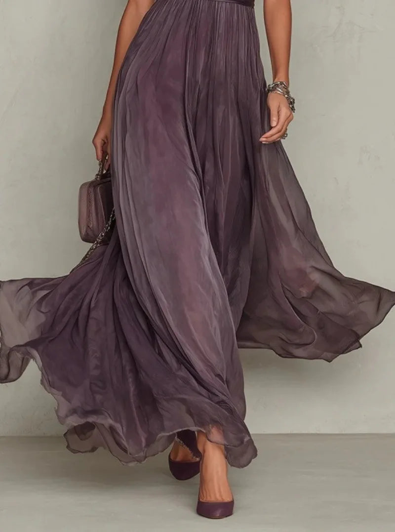 Elegant Chiffon Lace Trim Midi Dress Stand Collar Neck Puff Sleeve Cinched Waist Draped A Line Flowy Women's Casual Dresses