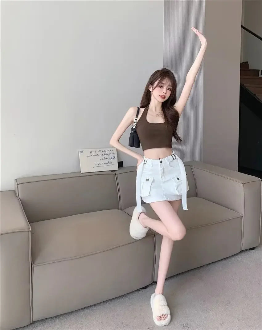 High-Waisted Mini Dress Denim Skirt Women's Summer Workwear A- Line Bodycon Skirt Trendy Semi-Pants Skirt