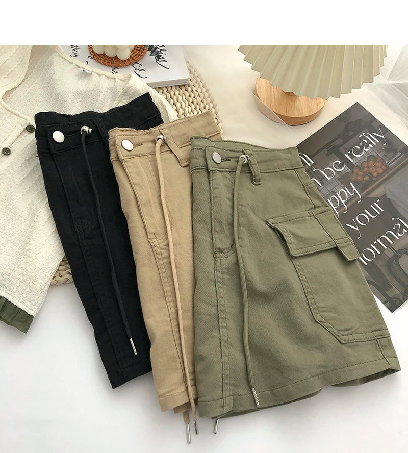 Retro High Waist Denim  Skirt Women's Spring Summer Autumn Casual Drawstring Anti-Light Short Skirt Polyester Fiber