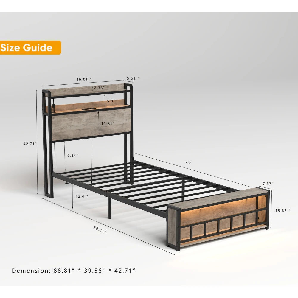 Orraves Twin Bed Frames , Headboard and Charging Station & LED Light for Bedroom, Solid and Stable, Noise Free, No Box Spring Needed, Easy Assembly
