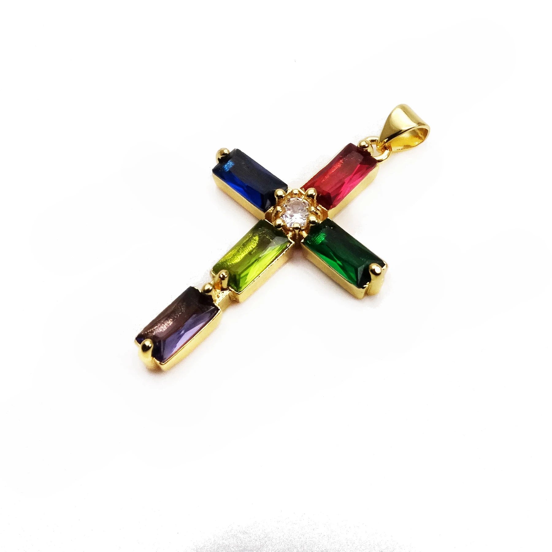 Cross Pendant Gold Plated With Sparkling Multicolor Microlaid CZ For Women Brass Charm Necklace Making