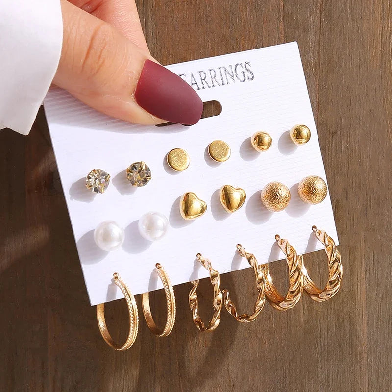 New Gold Color Vintage Geometry Pearl Earrings Set Metal Twine Square Dangle Earring Round For Women'S Trendy Jewelry