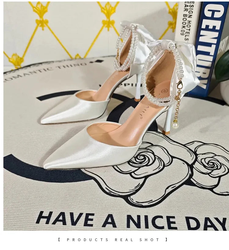 Plus 33-42 Pearl Ankle Strap Bow Heels Stiletto High Heels Women Pumps Wedding Shoes Bride Ladies Party Prom Closed-toe Sandals