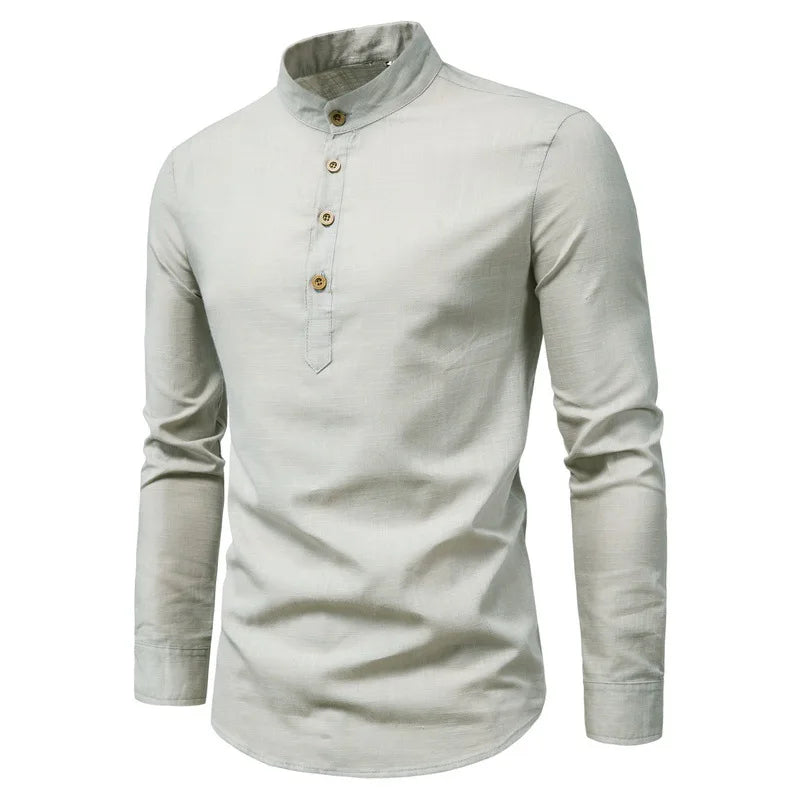 Men's Solid Color Casual Slim Fit Stand Collar Long Sleeve Shirt
