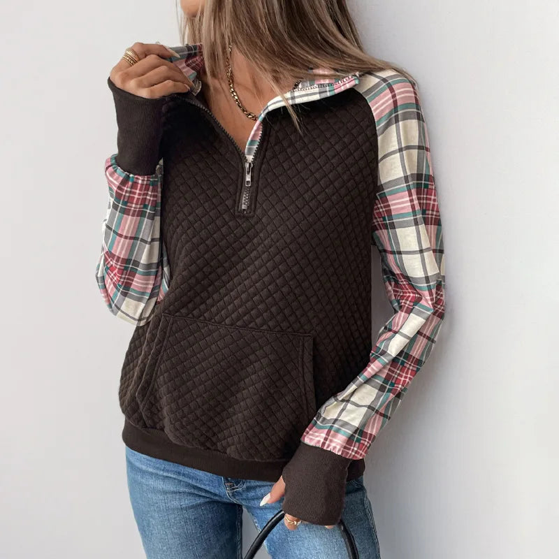 Women's Quilted Half Zip Pullover Plaid Sleeve Kangaroo Pocket Sweatshirt 2026