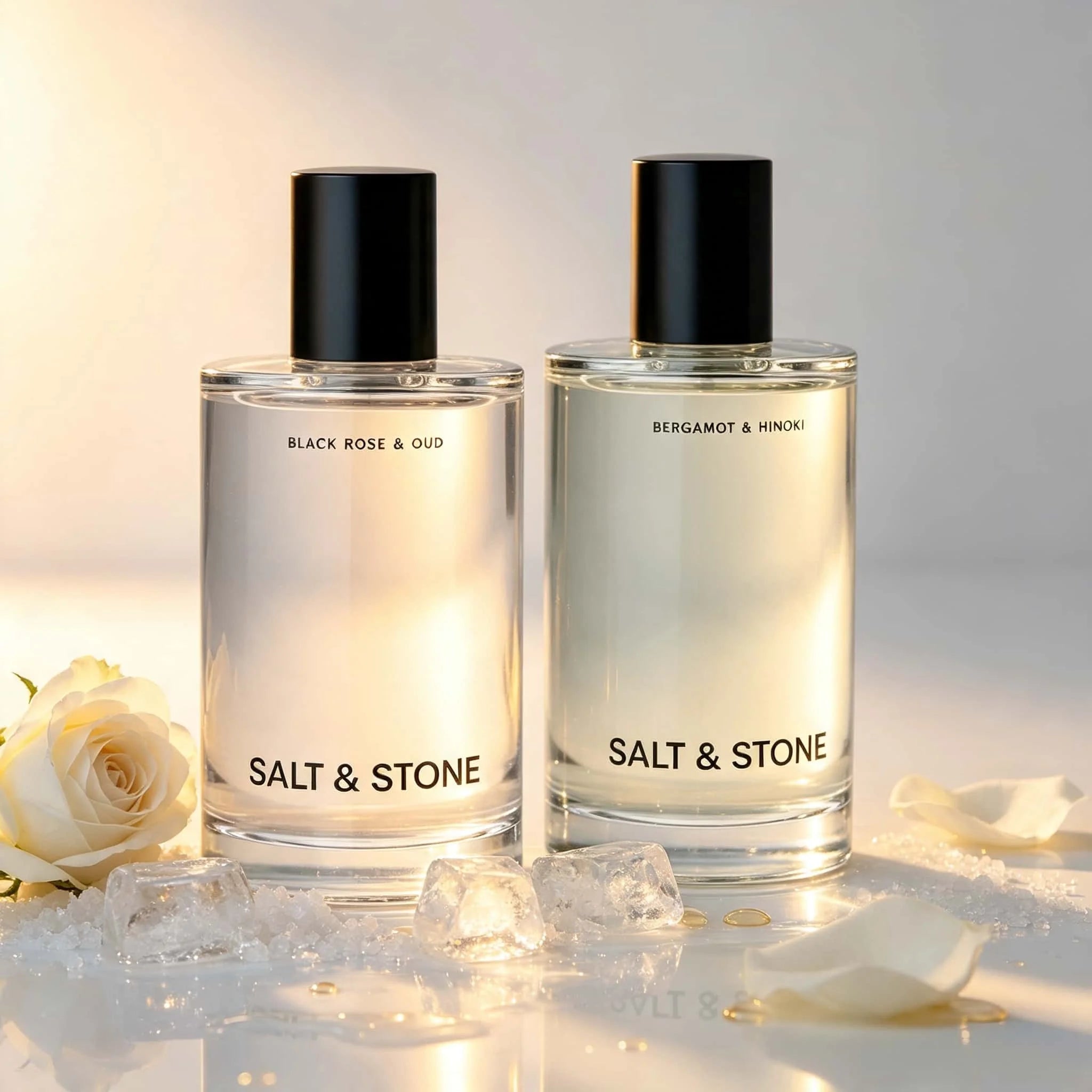 Salt & Stone Eau de Parfum 2 Pack, Black Rose & Oud & Bergamot & Hinoki Scent, Simple Clear Bottle Long Lasting Unisex Cologne, Daily Neutral Fragrance Gift for Men Women