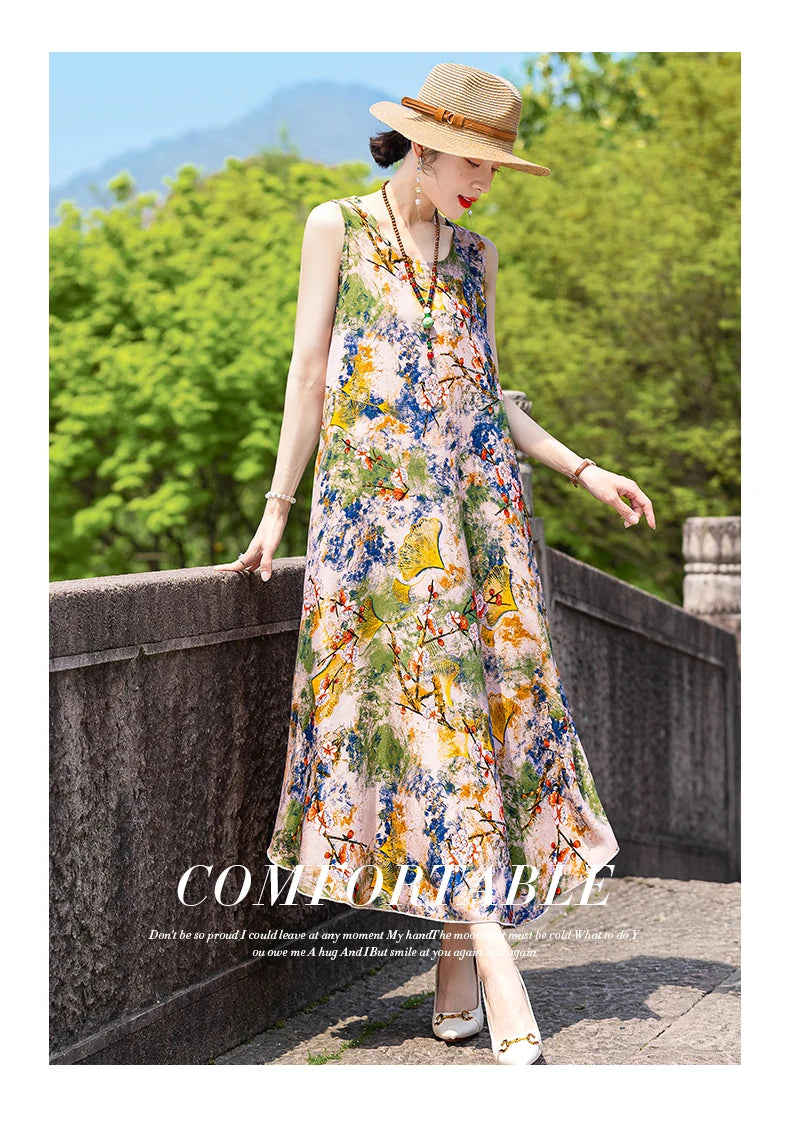 New Women Summer Dresses Vintage Dress FashionRobe Plus Size Sleeveless Femme Casual Print Dresses