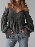 Women's Boho Off Shoulder Blouse White Lace Crochet Long Sleeve Flare Cuff Tassel Casual Loose Fit Summer Beach Top
