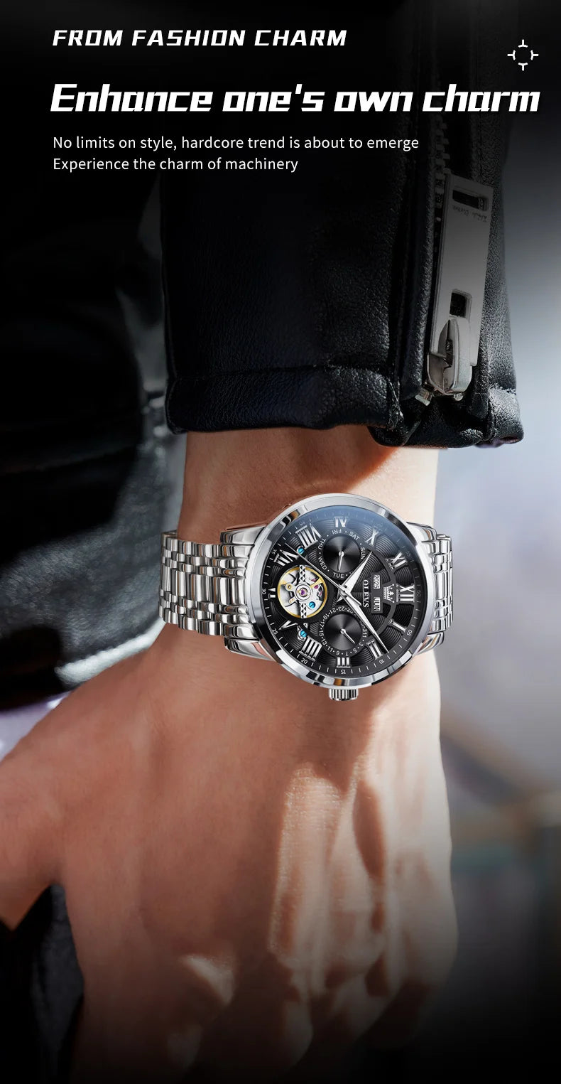 OLEVS 6668 Original Men's Watch Multifunctional Skeleton Waterproof Stainless steel Strap Business Automatic Mechanical Watches