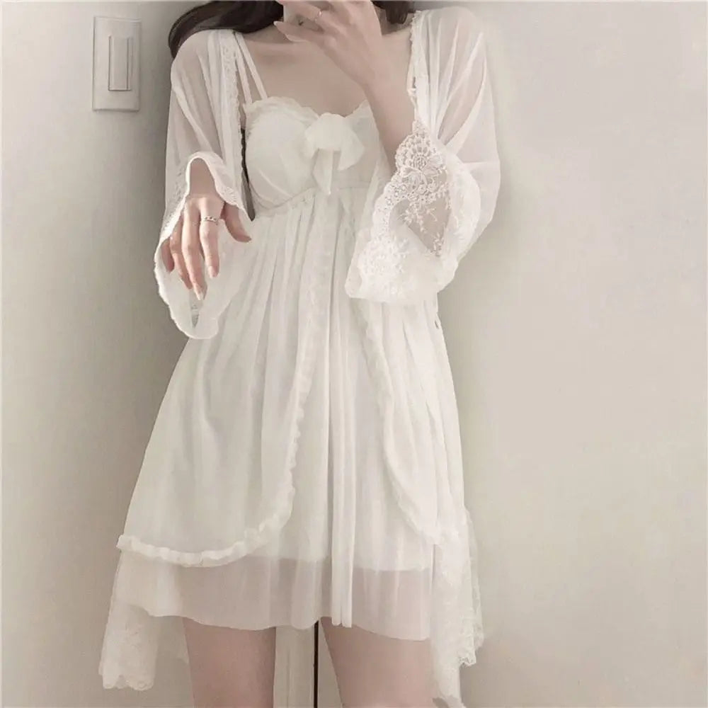 Lace Bowknot Women Pajama Dress Nightgown Sleeveless Ruffle Suspender Nightdress Set Homewear Sleepwear