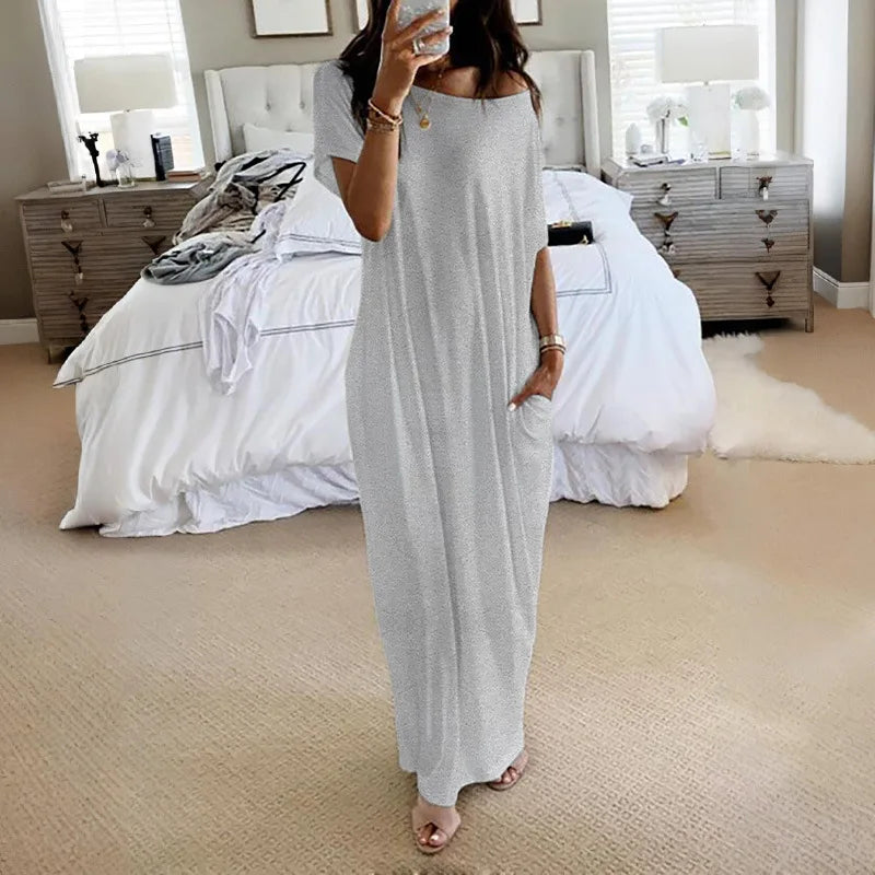 Casual Pure Color Short Sleeve Long Dress Women's Summer New Style Cross-Border TK Loose Waist Milk Fiber Straight Cut Dress