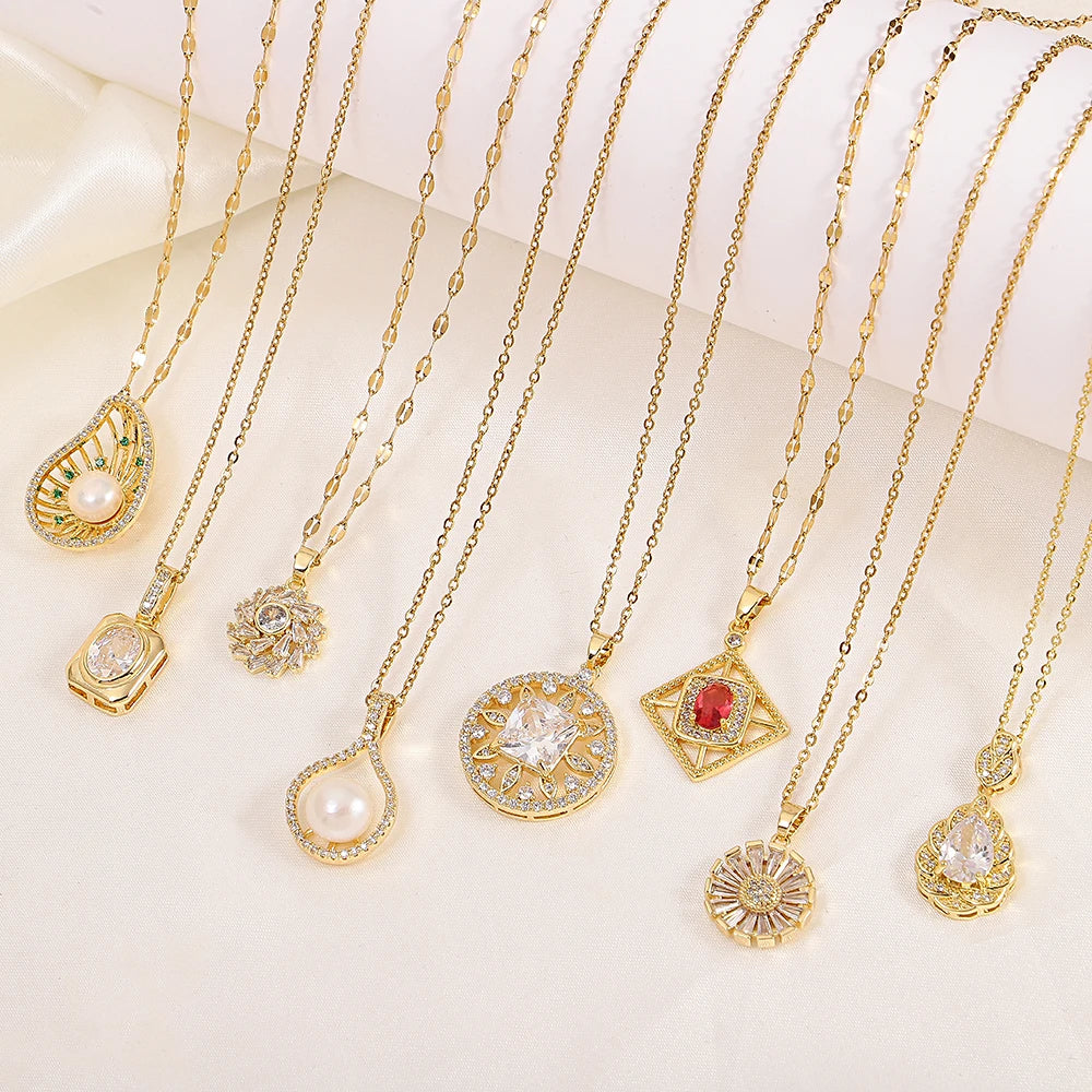 Elegant Zircon Pearl Waterdrop Flower Copper Pendant Necklace Gold Plated Stainless Steel Chain Charms Necklaces Jewelry Gifts