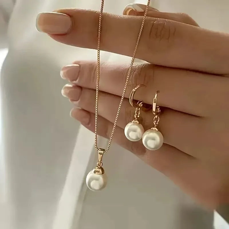 Fashion Pearl Jewelry Set For Women'S Dangle Earrings Pendant Necklace Dainty Daily Wear Outfit Accessories