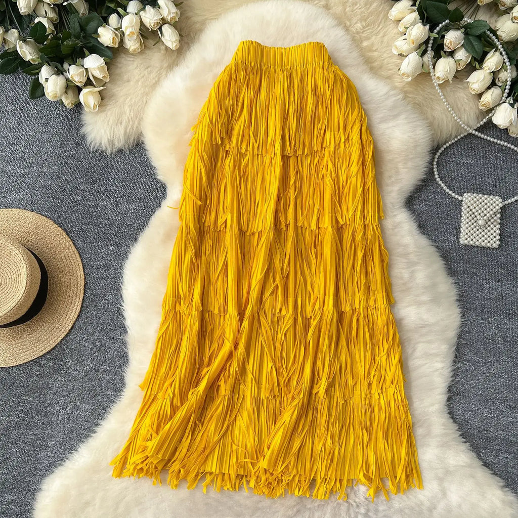 New In 2026 Spring Summer Tassel Midi Long Skirt For Women Trendy High Waist Streetwear Casual Skirts