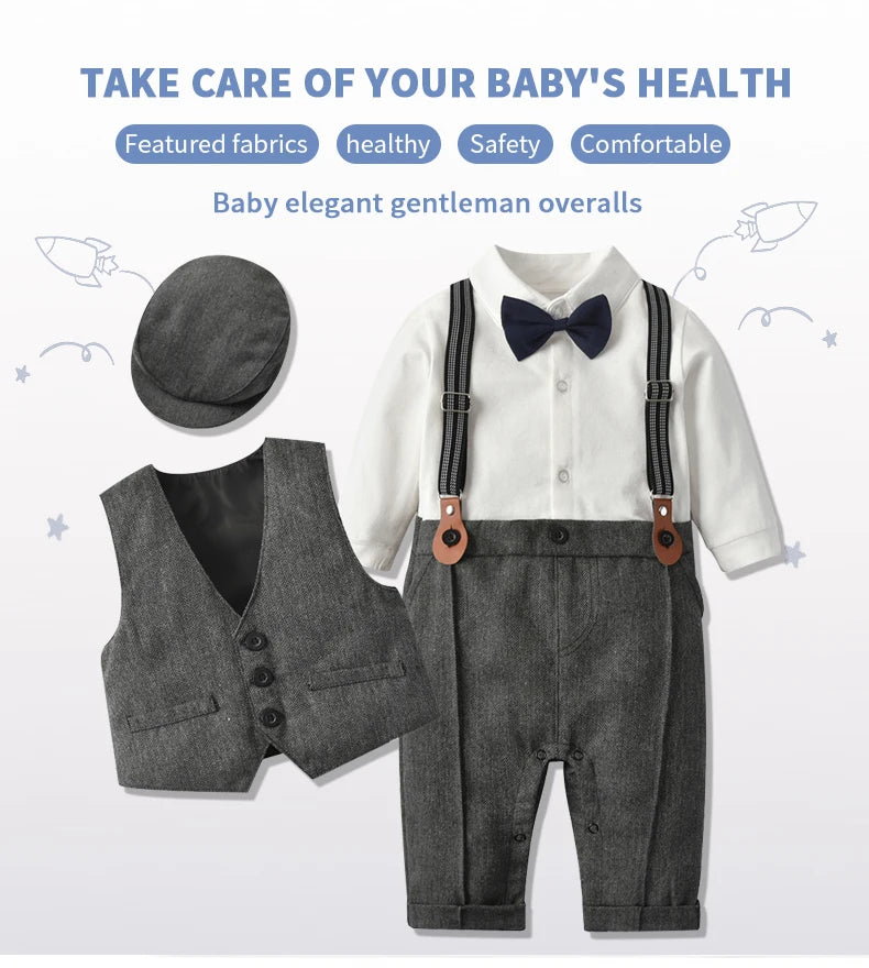 Baby Boys Gentleman Suit Formal 1st Birthday Newborn Outfit One-piece Jumpsuit+Vest+Bowtie+Suspender Toddler Clothes 1 2 3 years
