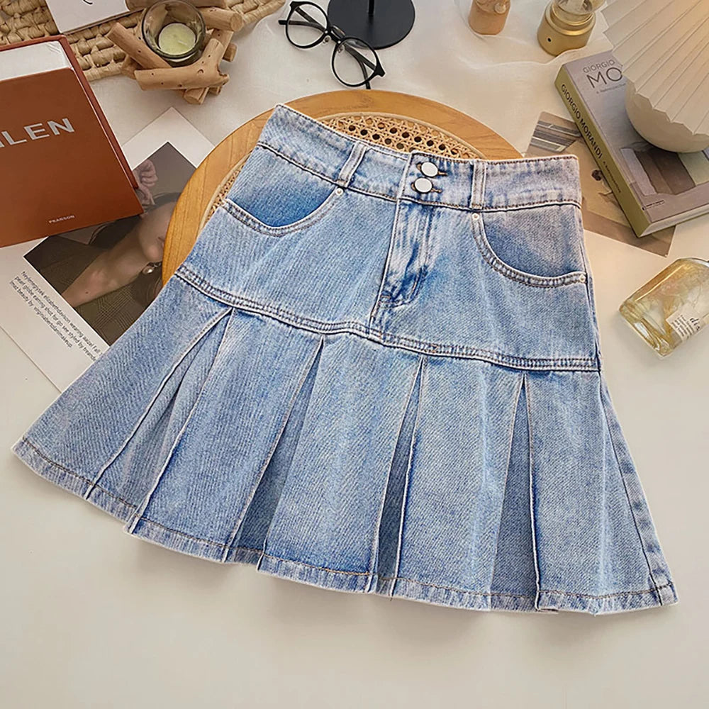Women Pleated Denim Mini Skirt Summer High Waist Double Button Slim A-Line Skirts with Safety Shorts Y2K Style Party Wear Skirt