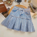 Women Pleated Denim Mini Skirt Summer High Waist Double Button Slim A-Line Skirts with Safety Shorts Y2K Style Party Wear Skirt