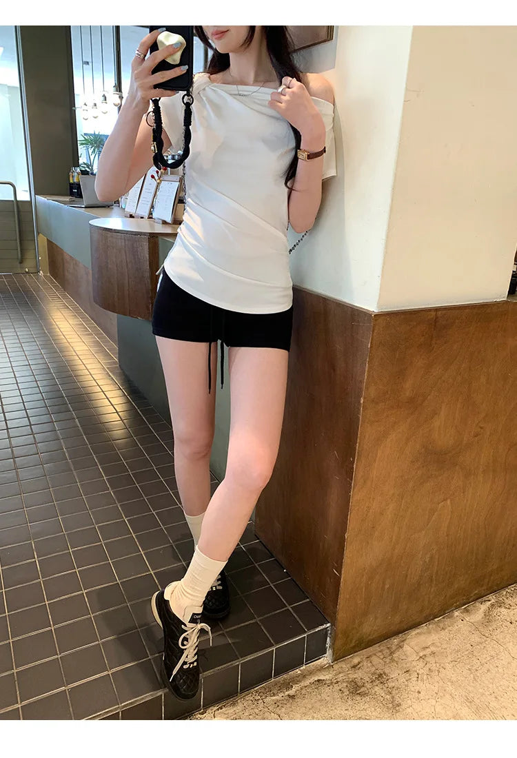 Slim Fit Short Sleeve T-Shirt Women Summer New Style Shoulder Bared Neckline Gathered Waist Elastic Band Casual Style Top