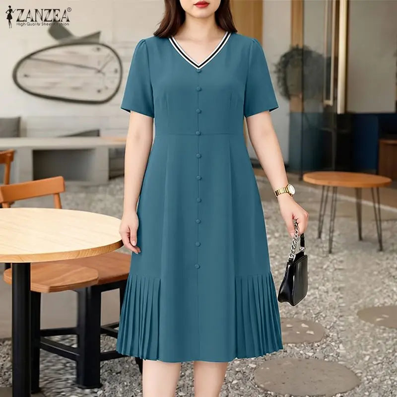 2026 ZANZEA Women Summer Sundress Patchwork Dress Elegant V Neck Short Sleeve Work Dresses Buttons Up Midi Robe Pleated Vestidos