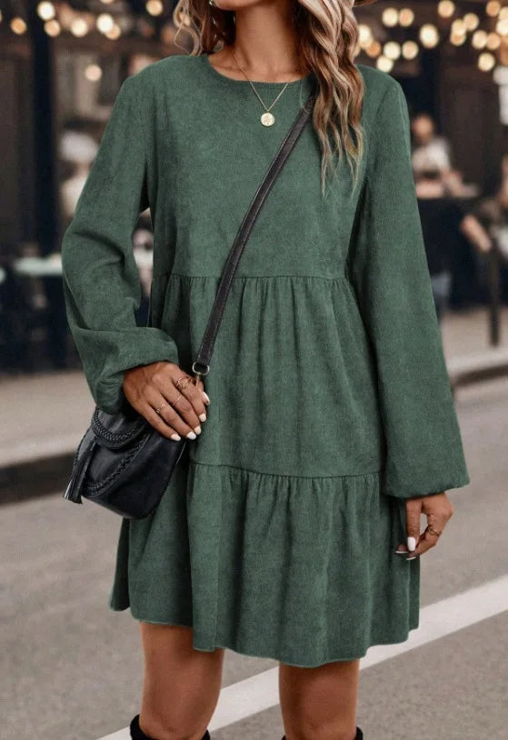 Women's Long Sleeve Tiered Ruffle Mini Dress, Casual Round Neck Solid Color Swing A-Line Dress for Autumn Winter Daily Wear