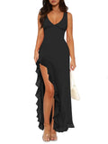 Luxury Black Formal Maxi Dress For Women Ruched Bust High Waist Flowy Ruffle Hem Gown For Brunch Birthday Wedding Guest Clubwear
