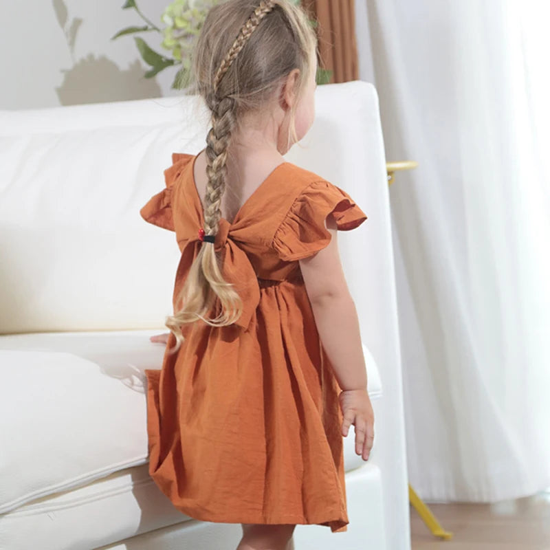 Kids Tales Essentials Baby Girls Dress Flying Sleeve Ruffles Cotton Backless Linen Newborn Infant Princess Dress Party Dresses
